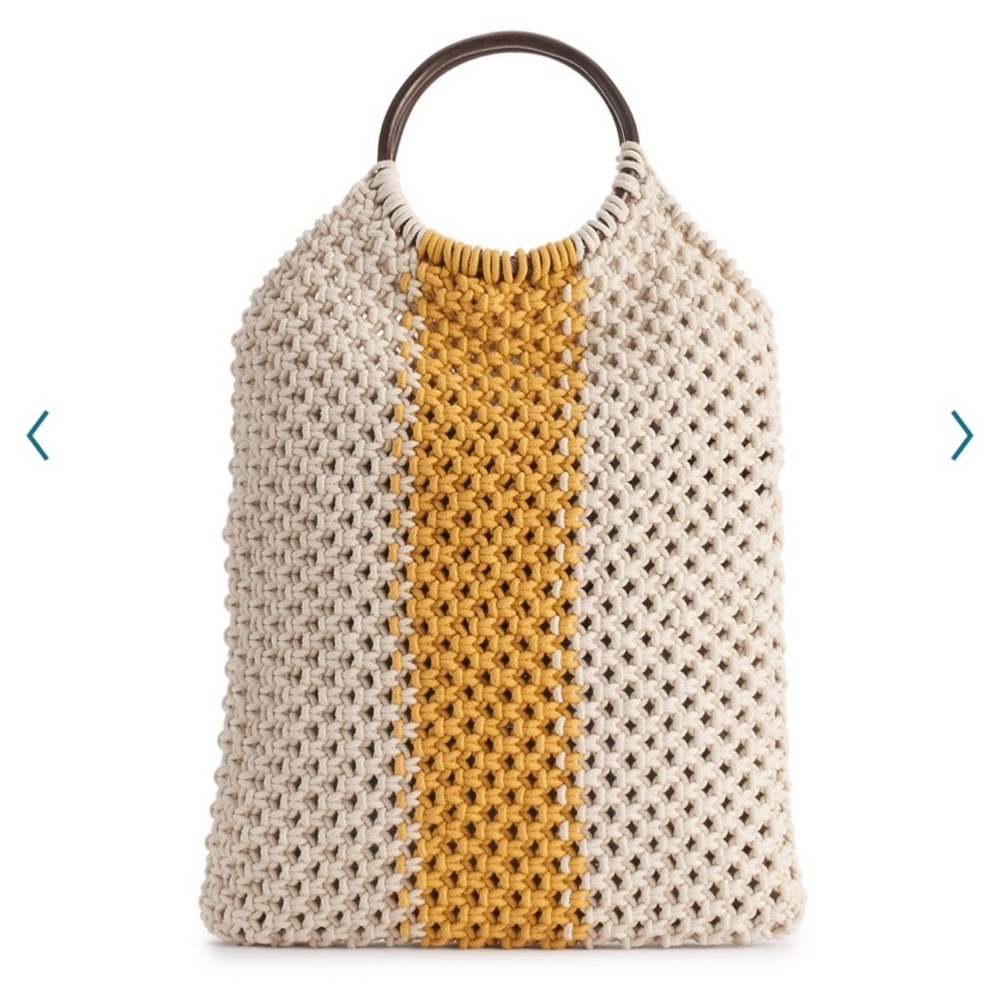 Sam Edelman-Circus-cream thick rope crochet tote mustard stripe wood handles NWT